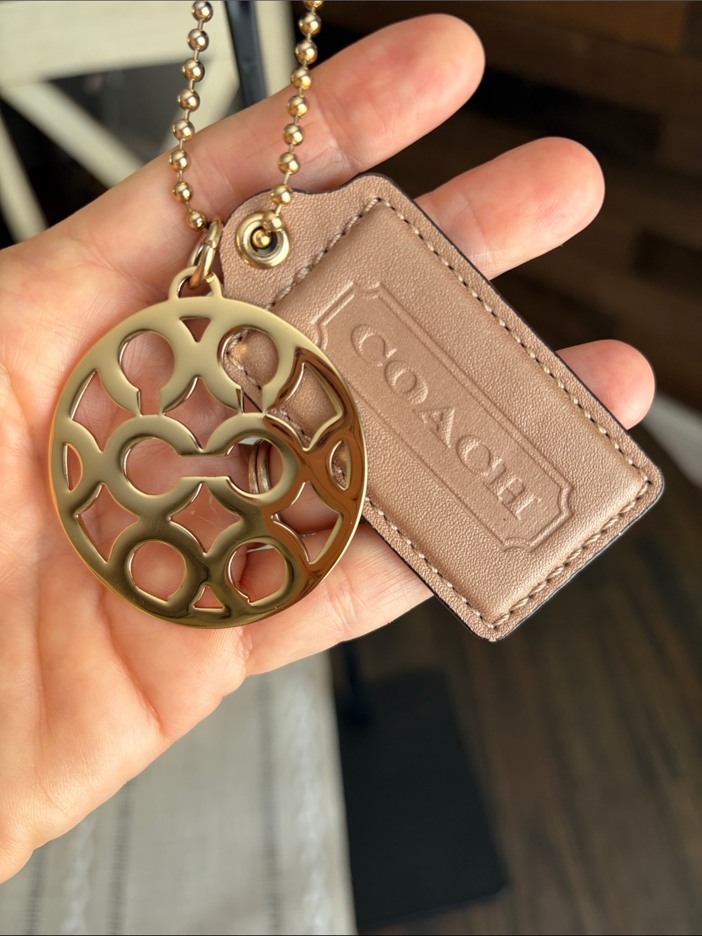 YTK Coach tan Leather Tag Key Charm with Gold Tone Logo Disc